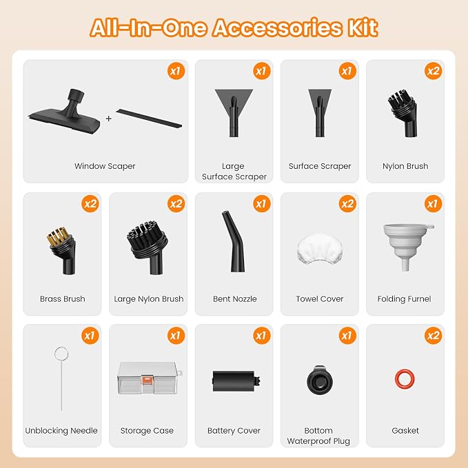 Steam Cleaner Accessories Set for Granarbol Steamer, 18PCS | Nylon & brass brushes, scraper & towel cover, with storage case, complete attachments for Granarbol handheld steam cleaner