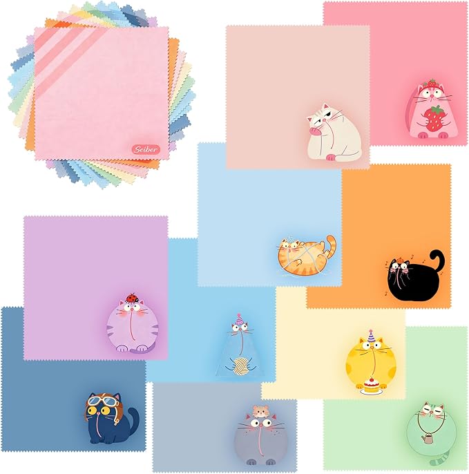 SEIBER Microfiber Cleaning Cloth Wipe for Glasses,10P Cute Cat Multicolor | for Eyeglass Lens Phone Screen and Camera,Soft Cloth,Streak-Free, Lint-Free, Scratch-Free