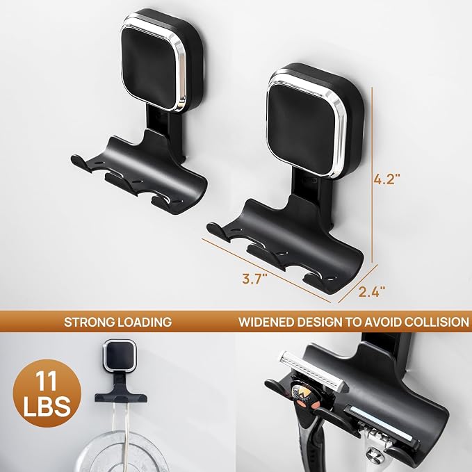 LEVERLOC Vacuum Suction Cup Razor Holder for Shower 2 Pack, Heavy Duty Shower Hooks for Towel, Loofah, Razor, Cell Phone, Damage-Free Hanging Plated Suction Cup Hooks, Easy to Install and Reuse, Black