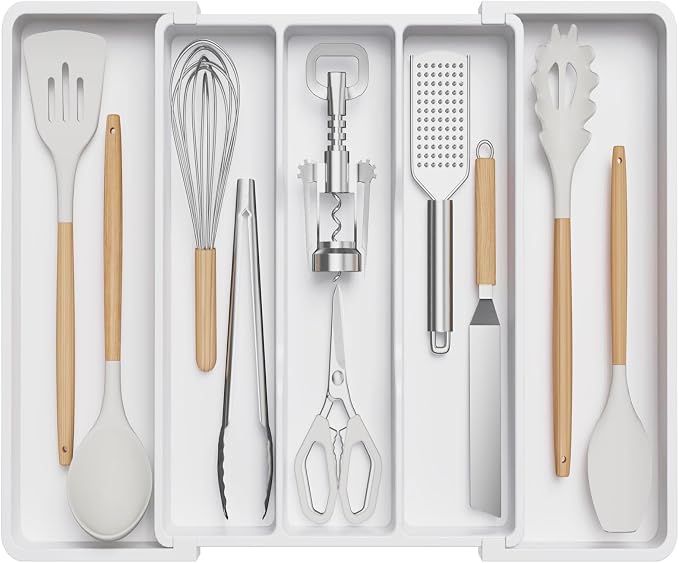 Lifewit Utensil Organizer for Kitchen Drawers, Expandable Utensil Tray | Adjustable Cooking Cutlery Silverware Flatware Holder, Plastic Spatula Tools Storage Divider, 13-22 x 15", White