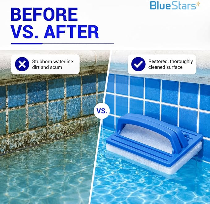 BlueStars 2-Pack Heavy Duty Handheld Sponge Pool Scrub Brush | Clean Pool Tile, Grout, Walls, Vinyl Liners, Spas, Tubs, Showers; Surface Cleaning Scrubber, Kitchen, Bathroom Tub