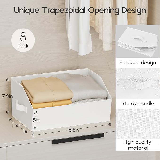 Large Closet Organizers and Storage Bins - 8 Pack Trapezoid Storage Baskets for Shelves, Foldable Fabric Baskets with Handles Ideal for Closet, Basket, Wardrobe and Shelf Storage, White