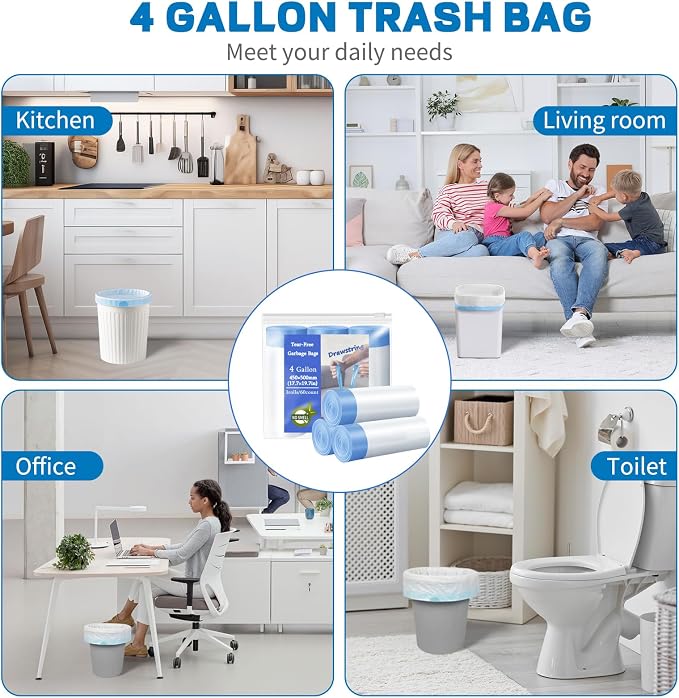 4 Gallon Trash Bags Drawstring, Small Trash Bags Tear-Free, 4 Gal Unscented White Small Garbage Bags, Separated Thick Plastic Wastebasket Liners for Toilet Home Office and Bedroom, 60 Count
