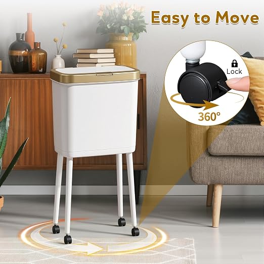Procade 4 Gallon Bathroom Trash Can on Wheels,Slim Rolling Gold Garbage Can | Tall Skinny Trash Bin with Legs and Pop-Up Lid,Dog Proof Trash Bin,White Plastic Garbage Bin for Near Desk,Bedroom,Kitchen