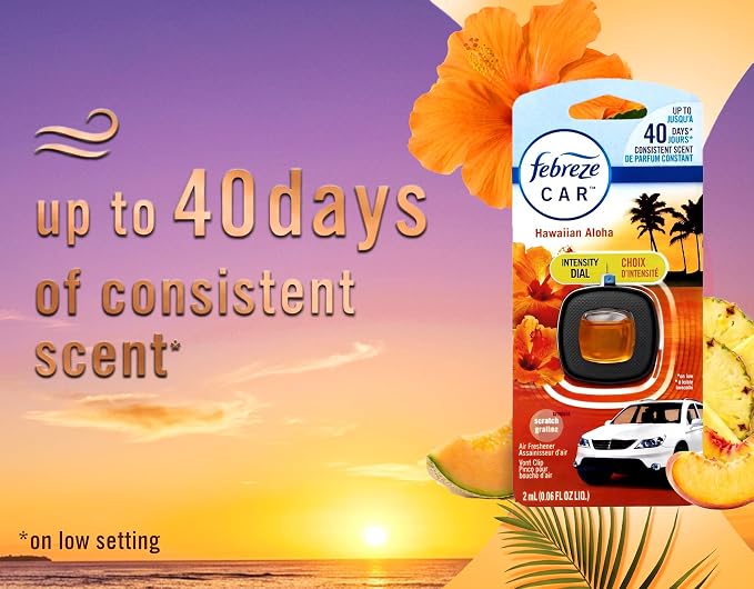 Febreze Odor Clear Car Vent Air Freshener Clip, Hawaiian Aloha 0.06 Fl.Oz - 8 Pack
