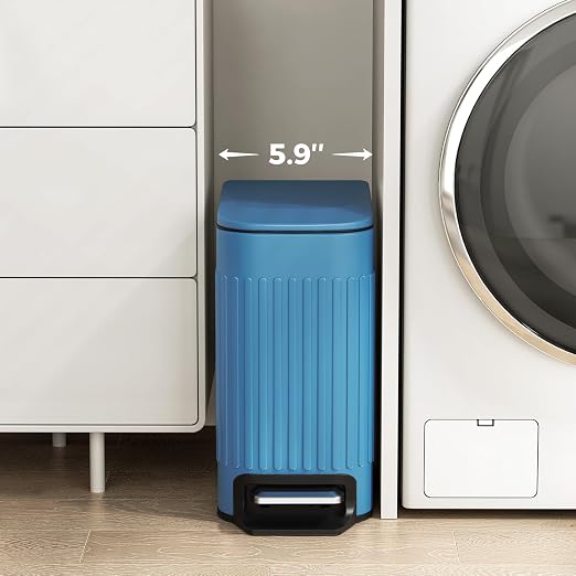 TrashAid Slim Bathroom Trash Can with Lid Soft Close & Pedal, 1.6Gal, Blue | Removable Inner Bucket, Stainless Steel Garbage Can, Small Wastebasket for Toilet/Office/Bedroom, Retro Design, Odor Control