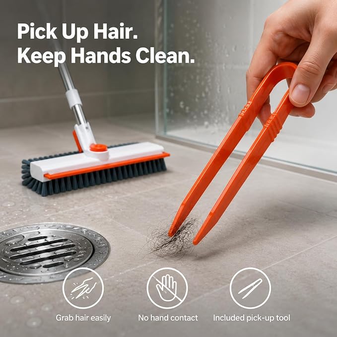 Heavy-Duty Floor Scrub Brush PRO with Long Handle,Squeegee&Stiff Bristles | Stable Locking Swivel Head Every 90°,Reinforced Stainless Pole,50" Long Reach,Indoor&Outdoor Use