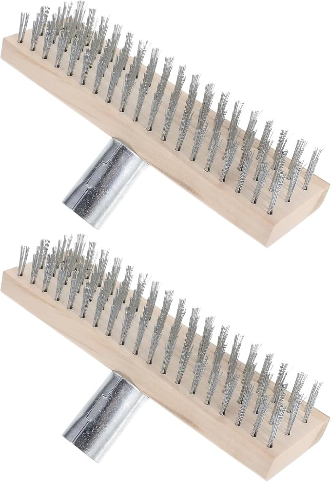 Ipetboom Stainless Steel Wire Floor Brush Head Anti-Slip Moss Cleaning and Grime Removal 2pcs Heavy Duty with Wood Handle for Outdoor Surfaces and Marine Decks for Patios and Commercial
