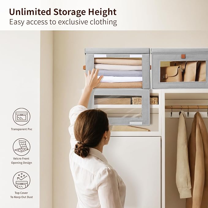 Homsorout Large Closet Storage Organizer - Clothes Storage Bins with Handles & Window, Collapsible Decorative Boxes with Lids, Fabric Containers for Living Room, Dorm, 5 Pack, Grey