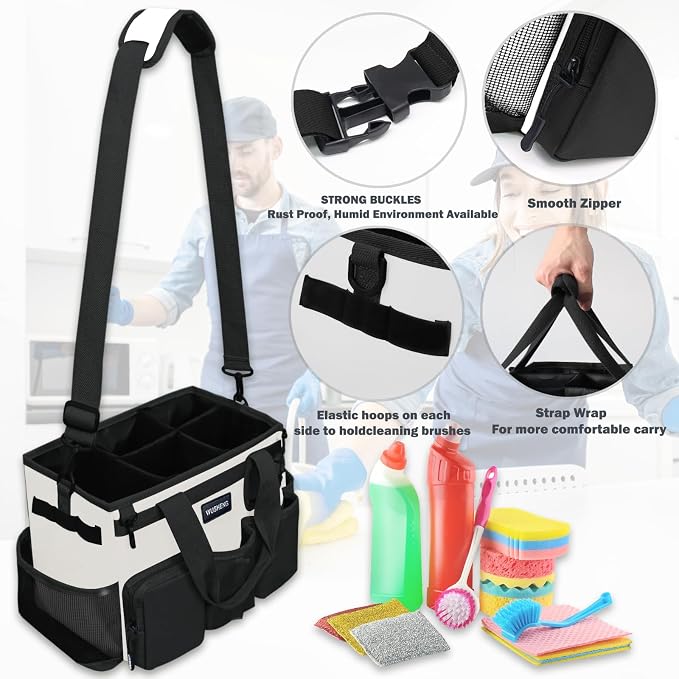 Wearable Cleaning Caddy Bag,Cleaning Supply Tote for Cleaning Supplies, Cleaning Organizer with Adjustable Shoulder and Waist Straps for Cleaners Housekeepers (Black-White, Large)