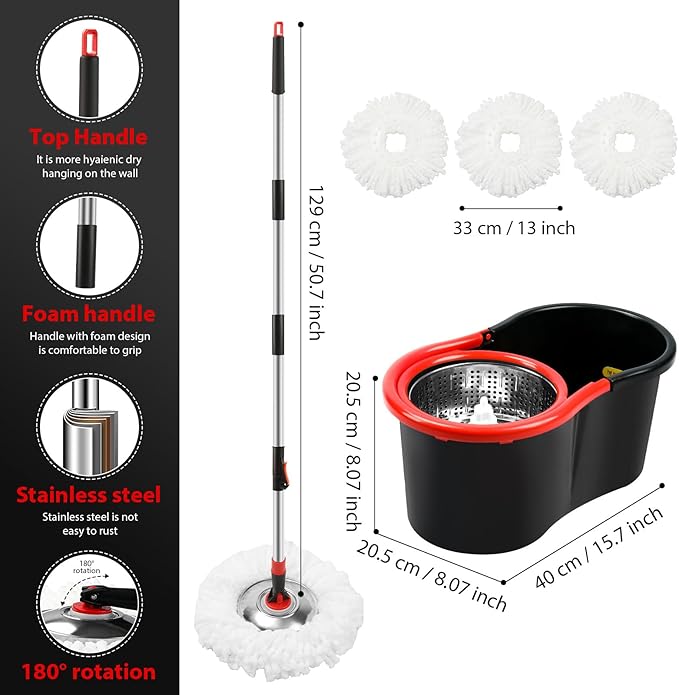 Spin Mop and Bucket with Wringer Set,360° Mop and Bucket System with 3 Microfiber Mop Refills and 50" Extended Handle for Floor Cleaning (Black)