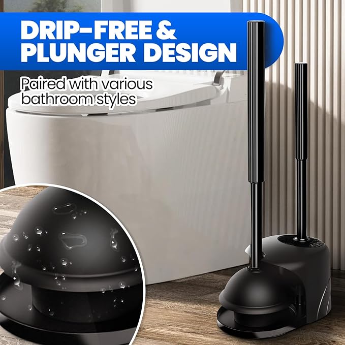 2Pack 2 in 1 Toilet Brush and Plunger Set, Extended Handle Plunger,Toilet Bowl Brush Plunger Set,Bathroom Cleaning Tools,Cleaning Brush,Toilet Brush Plunger Combo(Bright Black) | Heavy Duty Rubber Toilet Bowl Cleaner, Apartment Must Haves Bathroom Deco...