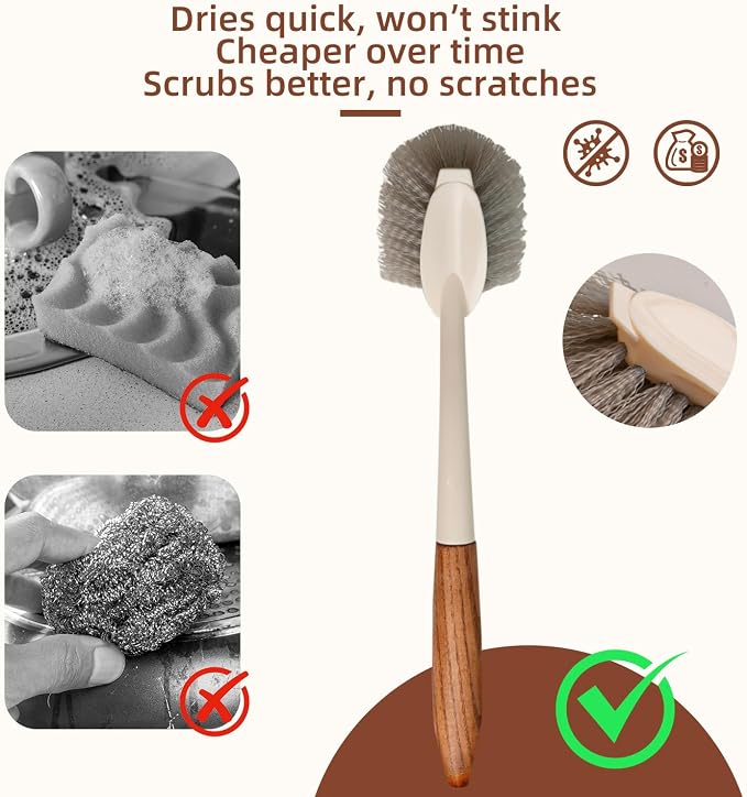 4-Pack Heavy Duty Scrub Brushes Set with Wooden Handles | Triangle & Square Floor Scrubber, Dish Brush, Grout Cleaner for Kitchen, Bathroom, Tile, Carpet & Stubborn Stains Removal