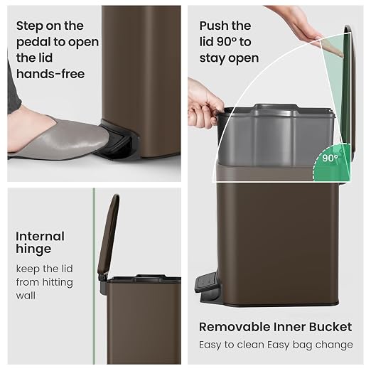 Cesun Small Bathroom Trash Can with Lid, 1.6 Gal, Soft Close, Brown | Step pedal soft close, Slim 5.9in fits narrow spaces, Stainless steel, Anti-fingerprint, Removable inner bucket, Odor seal