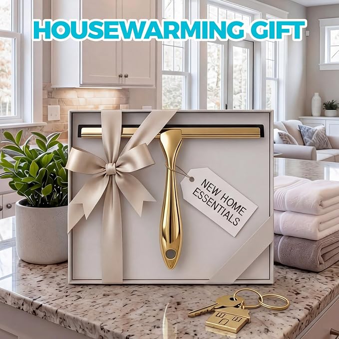 2pcs Shower Squeegee for Glass Doors with Adhesive Hanging Hook Set | 10” Gold, Bathroom Accessories, Window Cleaner, New Home Essentials, Soft Rubber Blade, Metal Handle, Ergonomic Grip