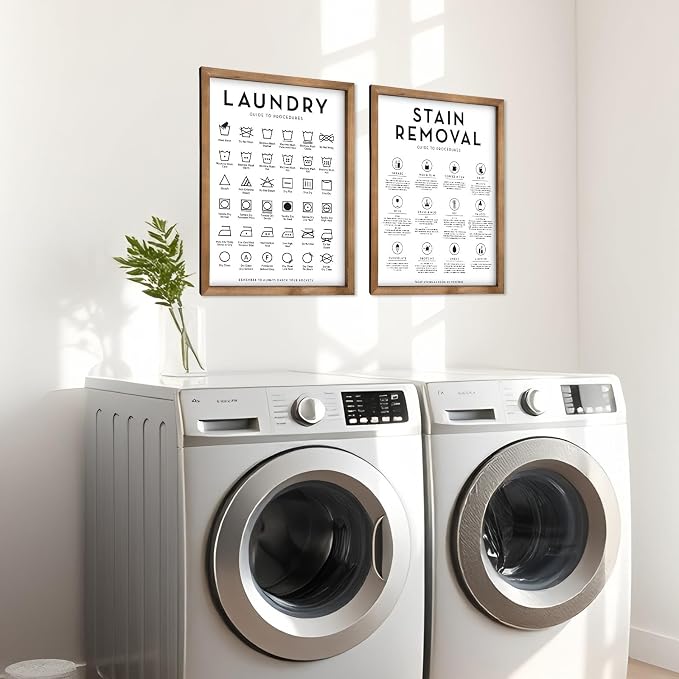 2 Piece Laundry Room Signs Pictures Wall Decor, 15.7×11.8 Inch Wooden Laundry Care Symbols Chart Wall Art, Stain Removal Wash Guide Print Rustic Farmhouse Decorations for Home Accessories