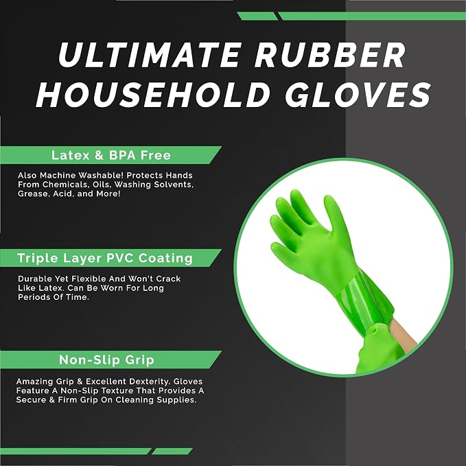 Ultimate Rubber Household PVC Gloves with Comfortable Cotton Lining, Anti-Slip surface, Kitchen Dishwashing, Extra Thickness, Kitchen Cleaning, Working, Painting, Pet Care (Large, Green)