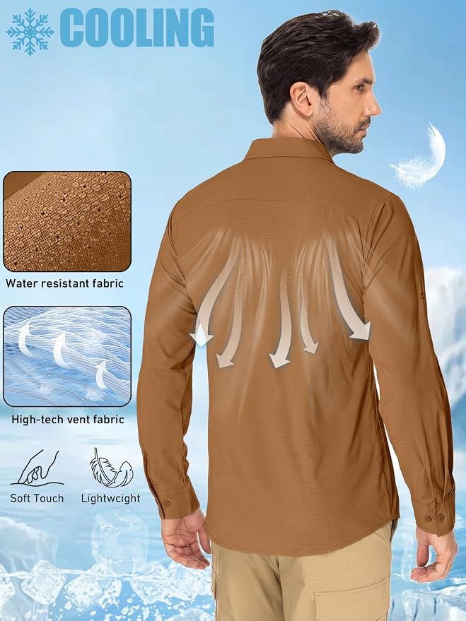 linlon Men's Safari Shirt UV Sun Protection Long Sleeve Hiking Travel | Button Down Mesh Back Vents UPF 50+ Quick Dry Breathable Cool Lightweight Outdoor Travel Fishing Gardening Clothes
