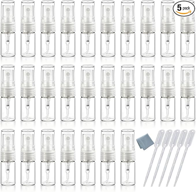 Elfenstall- 50PCS Clear Fine Mist Sample Vial Small 2ML Protable Refill Glass Atomizer Spray Perfume Bottle Hydrating Empty Bottle for Travel Makeup Party Free 5PCS Pipette Dropper