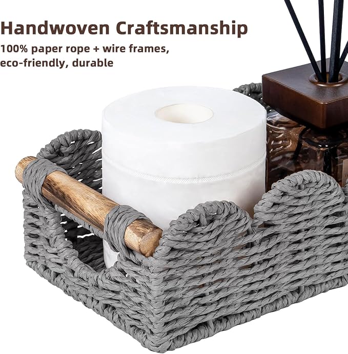 CubesLand Bathroom Basket Organizer, Toilet Tank Basket W/Cut Out Handle | Wicker Toilet Paper Storage Basket Tray, Scalloped Basket for Bathroom Countertop Decorative Also for Home Decor, Grey
