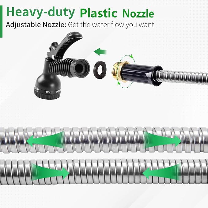304 Stainless Steel Garden Hose, 75 ft Metal Garden Hose with 3/4" Connector Fittings and Sprayer, Heavy Duty Kink Free Flexible Outdoor Water Hose, Blue