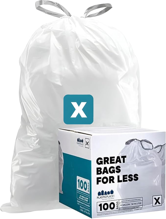 Plasticplace Custom Fit Trash Bags, Compatible with simplehuman Code X (100 Count) White Drawstring Garbage Liners 21 Gallon/ 80 Liter, 26" x 24.5"