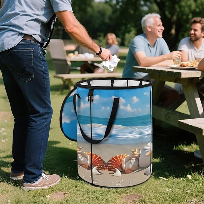 Beach Starfish Shell Collapsible Trash Can 24 Gallon Pop-Up Outdoor Garbage Can with Handles Waterproof Lightweight Storage Bag with Lids for Camping, Backyard, Hiking