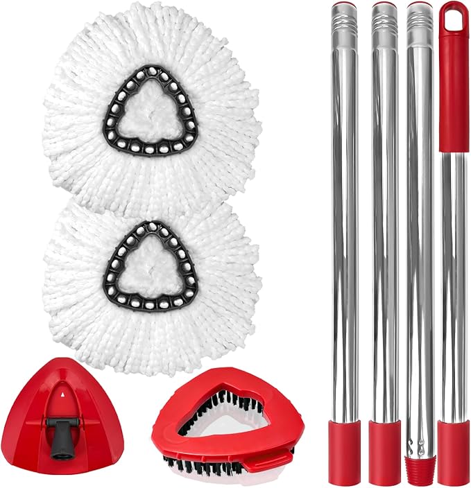 Spin Mop Replacement Set for EasyWring 1-Tank, 2 Heads, Handle, Base, Brush | Microfiber, Washable, Long-lasting, Rust-Resist Adjustable Handle (30"-58"), Smooth Triangle Base, Floor Cleaning(No Bucket)