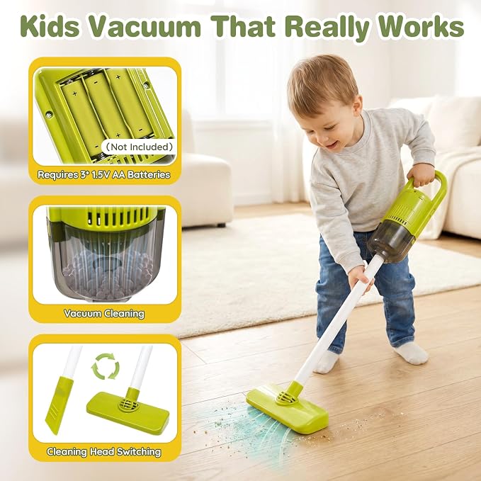 Dreamon Toddler Cleaning Set - 14Pcs Kids Cleaning Toy Set with Kids Vacuum | Red Pretend Home Cleaning Play Set for Toddler Age 3-7, Toddler Vacuum Toy that Works, Christmas Birthday Gift for Girls Boys