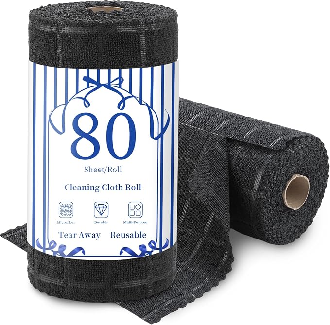 Ferdilan 80 Pack Microfiber Cleaning Cloth Roll,Lint Free Rags Paper Towels & Tear Away Reusable Towels,Washable Shop Rags,Wash Cloths Dish Rags(12" x 12") for Car Kitchen Window Garage-Black