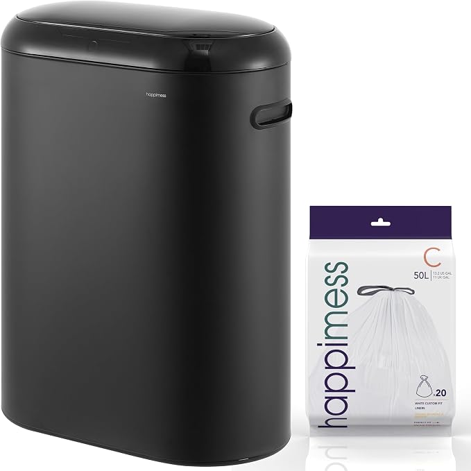 happimess 13.2 Gal Oval Motion Sensor Trash Can, Charcoal Black | Oval, Motion Sensor, Touch Mode, Soft Close Lid, Powder Coated Iron, Side Handles, 17.7" W x 9.84" D x 24.2" H