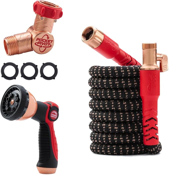 Pocket Hose 25 FT Copper Head Hose, Pocket Pivot, No Tangles, Anti-Burst | Anti-burst sleeve reinforced with bulletproof fiber, 360° swiveling pocket pivot connector, lightweight compact design