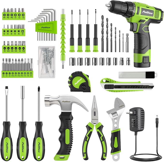 PULITUO Drill Set, 149-Piece Home Tool Set with Green 12V Cordless Drill, Tool Box, Hand Tool Kits for Women & Men and DIY Enthusiasts, for Home Improvement