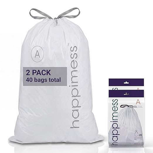 happimess 20-Count Unscented 8 Gal Drawstring Trash Bags, Clear, Pack of 2 | 30 Liters, Heavy Duty LDPE Plastic, Tear And Puncture Resistant, Tailored Custom Fit, Recyclable