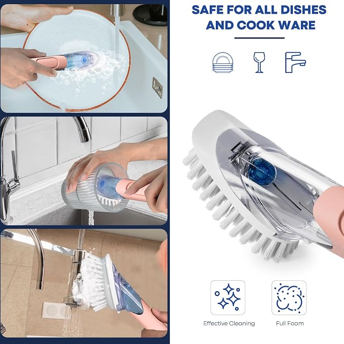 RIMAY Soap Dispensing Dish Brush Set with 2 Brush Refills and Holder | Dish Scrubber with Handle Kitchen Dishwashing Brush Dish Wand for Dishes, Pans, Pots And Sink, Pink
