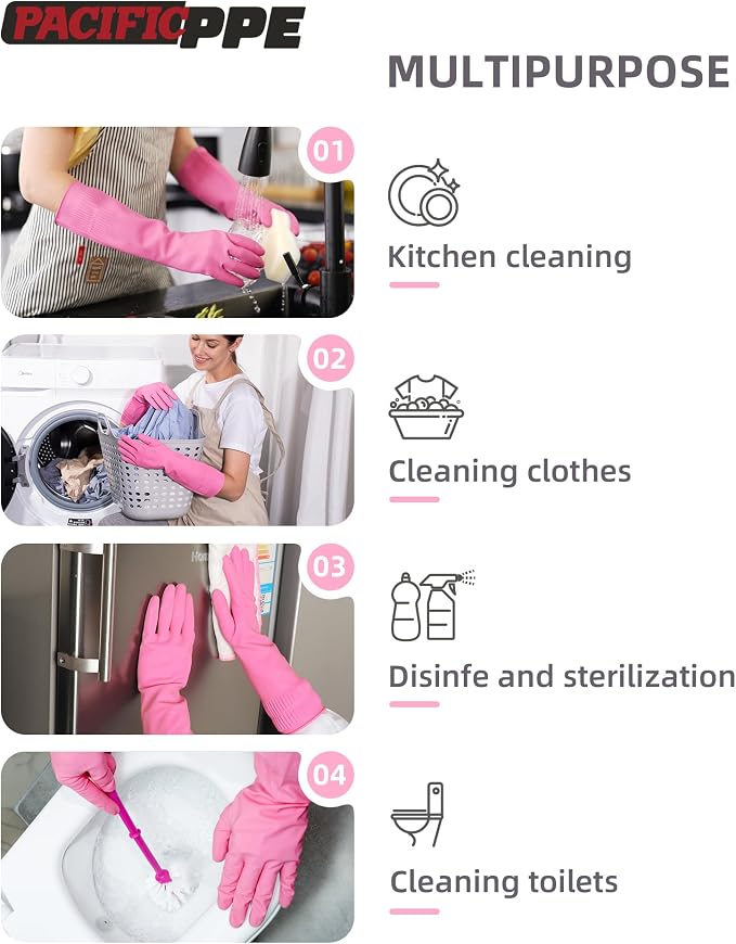 PACIFIC PPE Reusable Natural Latex Dishwashing Cleaning Gloves, 2 Pairs | Kitchen gloves, dishwashing gloves, waterproof, reusable, non-slip grip, flexible fit for laundry and household cleaning