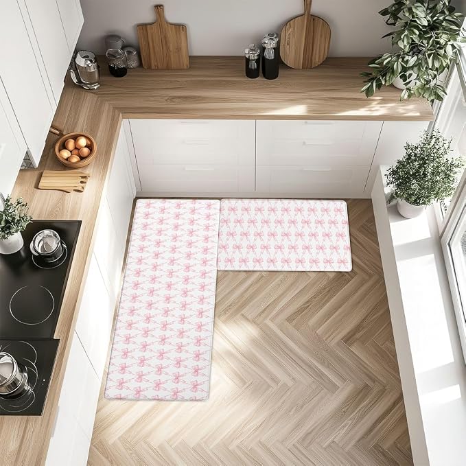 Feelyou Pink Bow Kitchen Rugs 2PCS Cute Bowknot Kitchen Mats Cushioned Anti Fatigue Girls Bow Non-Slip Standing Desk Mat Waterproof Floor Rug Set,17.32x29.53+17.32x47.24 inch