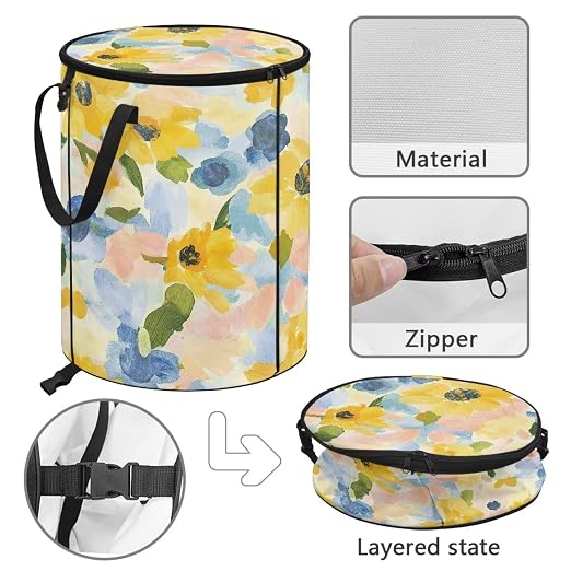 Yellow Floral Collapsible Trash Can 24 Gallon Pop-Up Outdoor Garbage Can with Handles Waterproof Lightweight Storage Bag with Lids for Laundry Toy Room Garden Patio Camping