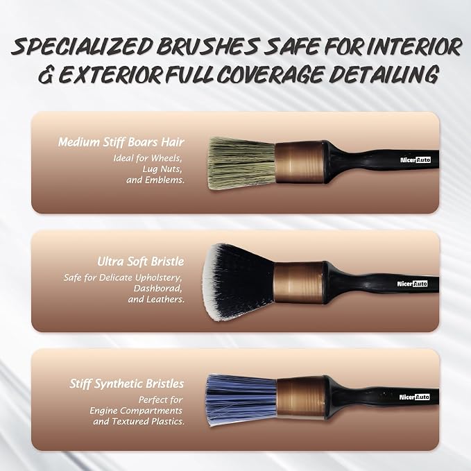 8PCS Car Detailing Brush Set, Mixed Bristles Soft Detail Brushes, Gold | Boars Hair & Ultra Soft Auto Detailing Brush, No Scratch for Leather Dashboard, 5 Crevice Tools Reach AC Outlet, Wet Dry Use