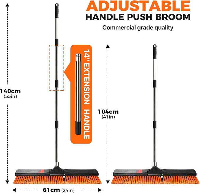 24" Push Broom, Heavy Duty Outdoor Commercial Broom for Cleaning, Orange | Industrial Broom with 55" Long Handle Stiff Bristles, Garden Brush Broom for Driveway Garage Yard Warehouse Floor Cleaning