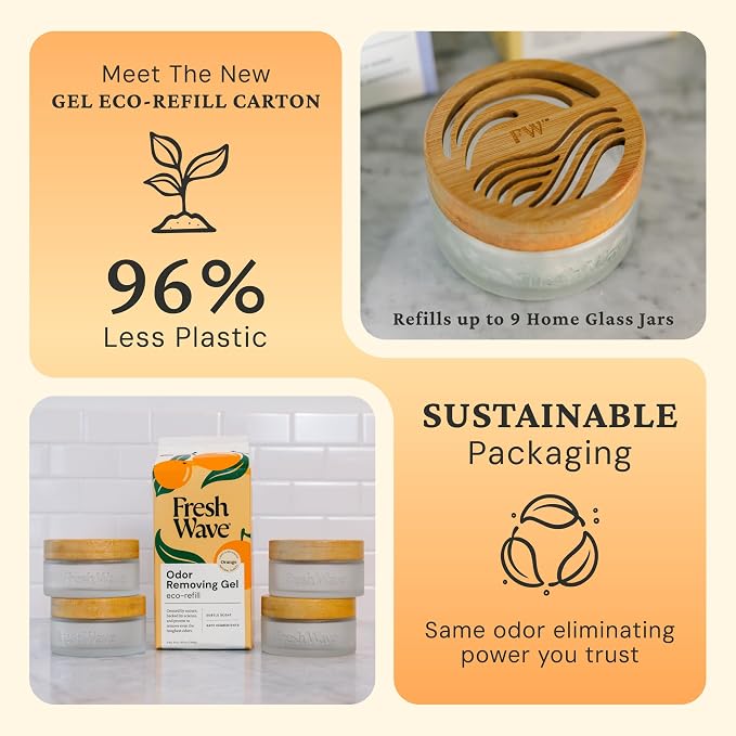 Fresh Wave Odor Removing Gel 4-Pack Glass Jar & 63oz Refill, Orange | Refills 7oz gel up to 9 times or 15oz up to 4 times. Gel odor eliminator for bathroom, closet, or garage. No plug-in.