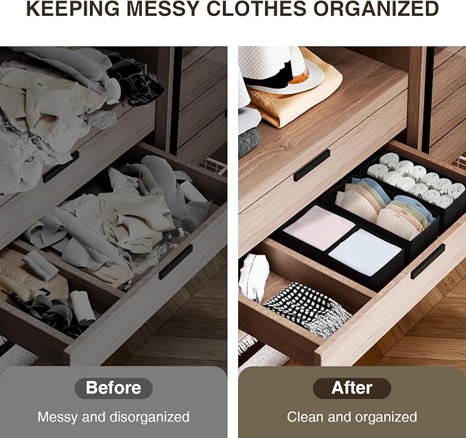 DIMJ Drawer Organizers - Set of 4 Foldable Closet Dividers for Baby Clothes, Socks, Belt, Tie (Black)