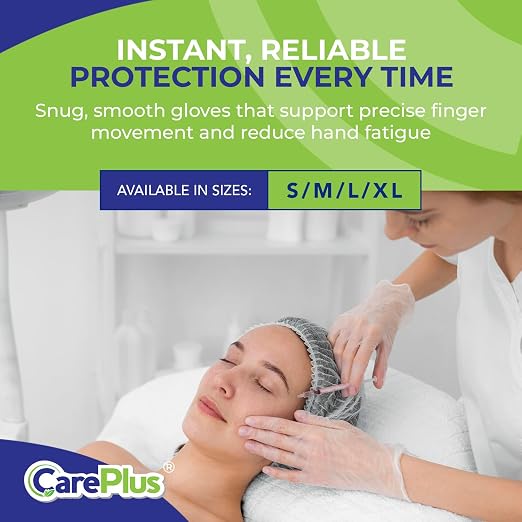 CARE PLUS Pro Vinyl Gloves Clear Large, Latex & Powder Free, 100 Count | Exam grade protection for food prep, hair coloring, salons & housekeeping; ambidextrous, tear resistant, comfortable fit