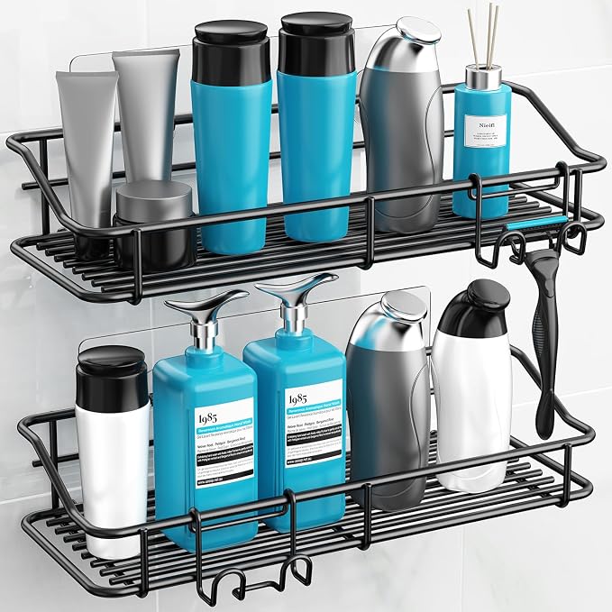 Nieifi Shower Caddy Adhesive, Shower Shelves, Shampoo Holder for Bathroom | Stainless steel, 2 pack, shower rack, shower organization, with hooks, rustproof, no drilling, razor holder, black