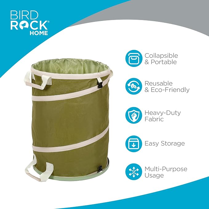 BIRDROCK HOME Collapsible Lawn and Leaf Waste Bag with Lid - 30 Gallon - Heavy Duty Reusable Camping Trash Can - Hardshell Bottom for Yard Debris, Garage Storage - Portable Garden Bin - Green | Heavy Duty Reusable Camping Trash Can with Hardshell Botto...