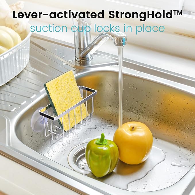 HLOOL Kitchen Sink Sponge Holder, Sponge Holder for Kitchen Sink Suction，Sink Organizer (Chrome)