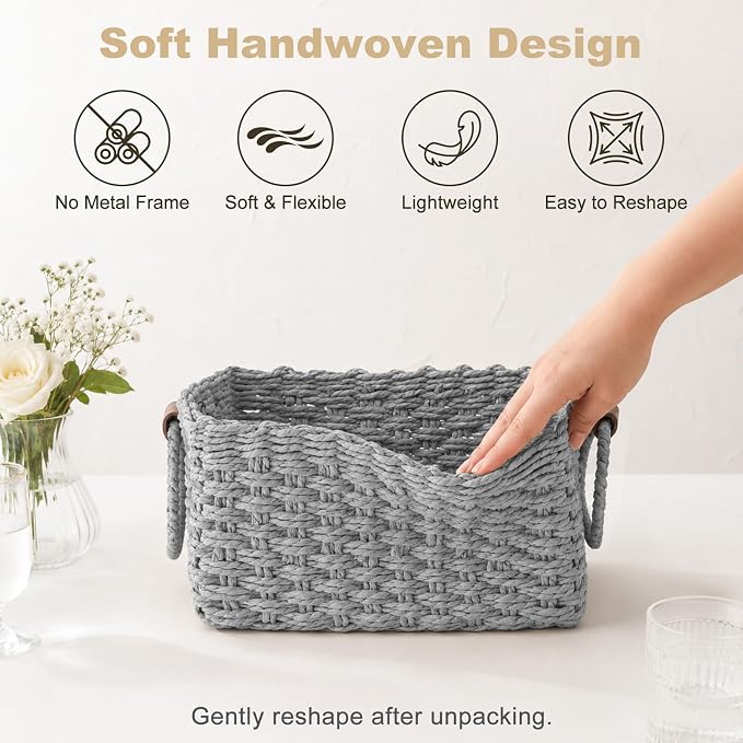 Paper Rope Storage Baskets Set of 3, Handwoven Decorative Wicker Organizer Bins with Handles for Shelves, Bathroom, Closet & Pantry, Soft Woven Nesting Storage Basket Set (Gray)
