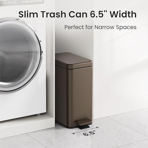 Cesun 2.6 Gallons Small Bathroom Trash Can with Lid Soft Close, Brown | Removable Inner Bucket, Small Stainless Steel Garbage Can for Bedroom/Office, Hands-Free Step Pedal, Fingerprint-Resistant