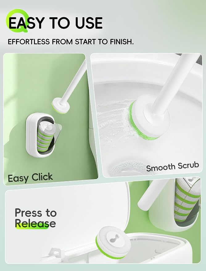 Wall Mounted Disposable Toilet Brush System with Holder, Toilet Bowl Cleaning Wand with Green Refills and One-Button Release, 2 Wands and Holders with 52 Green Refills