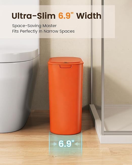 TIPGO 5 Gallon Automatic Bathroom Trash Can with Lid, Orange, Touchless | Motion Sensor, Slim Smart Garbage Bin, Plastic Wastebasket, Battery Operated, Manual Button, for Bedroom, Office,RV